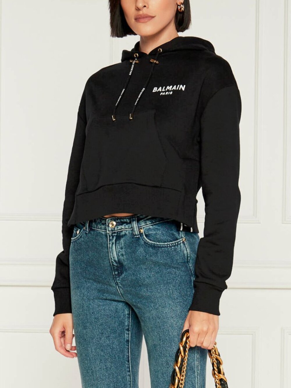 Balmain Black Cropped Cotton Logo Hoodie